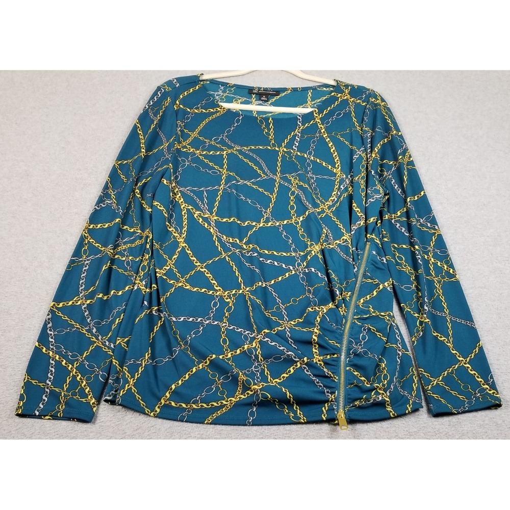 INC Top Womens XL Blue Gold Chain Print Side Zip Ruching Long Sleeves Stretch